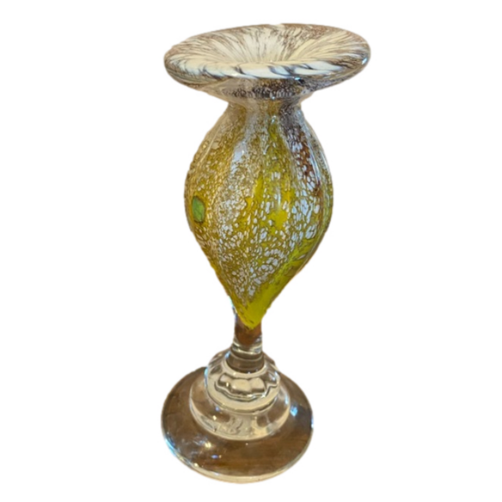 Signed Brad Pearson Art blown Glass Bud Vase, gold, white and Green, Dated 96